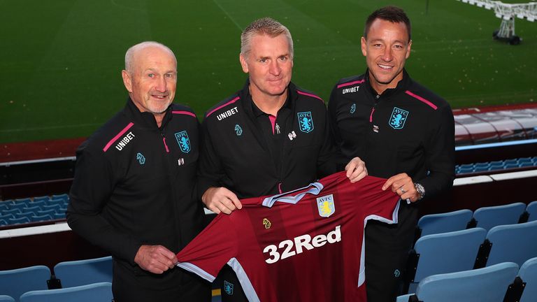 Richard O&#39;Kelly Assistant head coach, Dean Smith manager and John Terry coach of Aston Villa during a press conference at Villa Park Stadium on October 15, 2018 in Birmingham, England