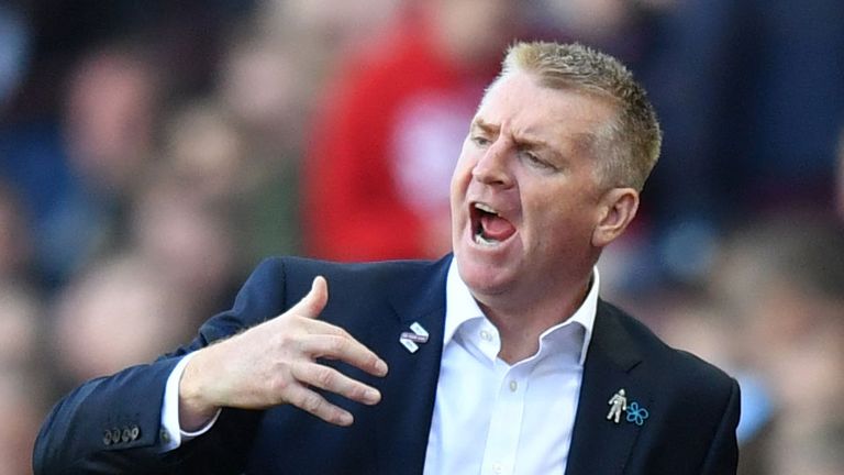 Aston Villa head coach Dean Smith reacts on the touchline at Villa Park