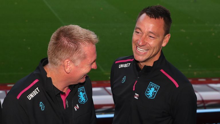 New Aston Villa manager Dean Smith and his assistant John Terry share a joke during a press conference at Villa Park
