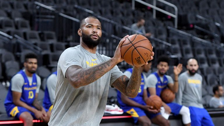 DeMarcus Cousins of the Golden State Warriors at a shootaround ahead of the team's preseason game against the Los Angeles Lakers