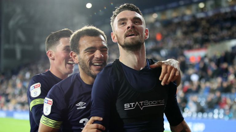 Derby County's Scott Malone (right) celebrates scoring his side's fourth goal of the game during the Sky Bet Championship match at The Hawthorns