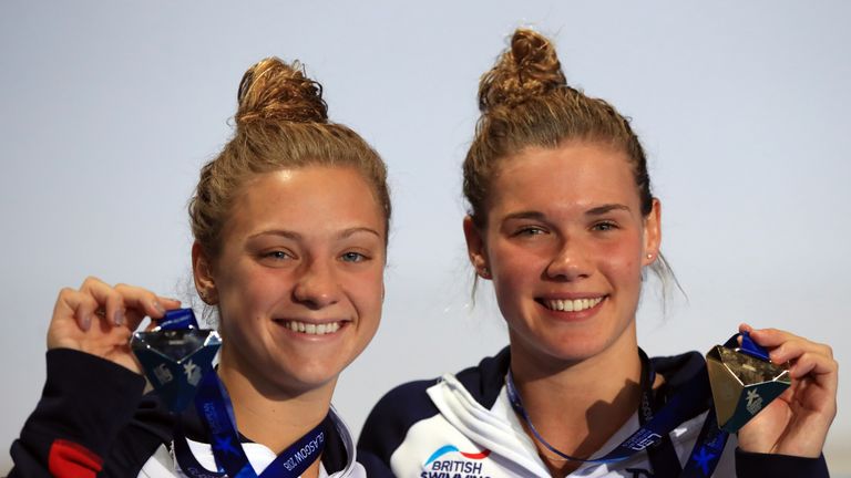 Grace Reid (gold, right) and Alicia Blagg (silver, left) celebrates with their medals at the European Championships