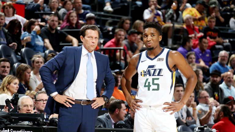 Donovan Mitchell #45 of the Utah Jazz look on during a pre-season game against Adelaide 36ers. 