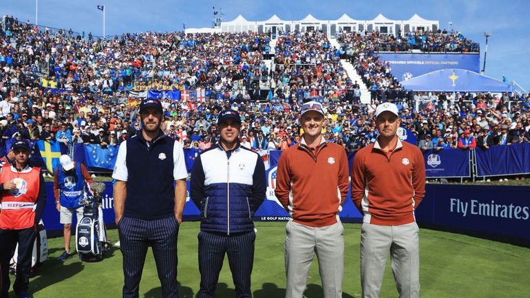 during the afternoon foursome matches of the 2018 Ryder Cup at Le Golf National on September 29, 2018 in Paris, France.
