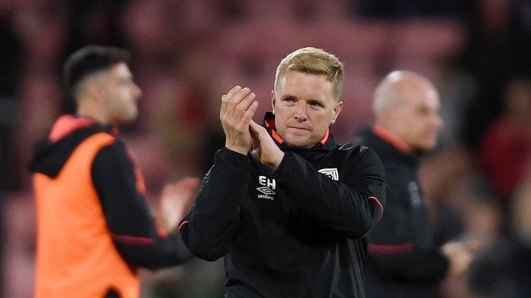 Bournemouth manager Eddie Howe applauds fans after his team's 2-1 Premier League win over Crystal Palace