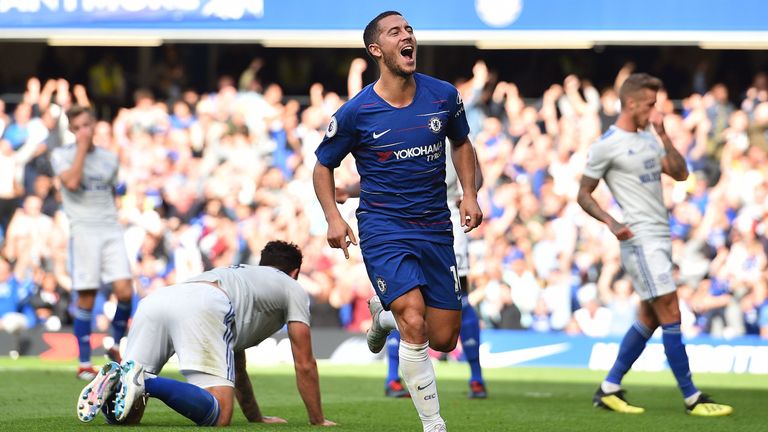 Eden Hazard celebrates scoring Chelsea's first goal during the Premier League match between Chelsea and Cardiff City at Stamford Bridge in London on September 15, 2018