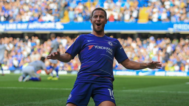 Eden Hazard of Chelsea celebrates scoring  the equalising goal during the Premier League match between Chelsea FC and Cardiff City at Stamford Bridge on September 15, 2018 in London, United Kingdom