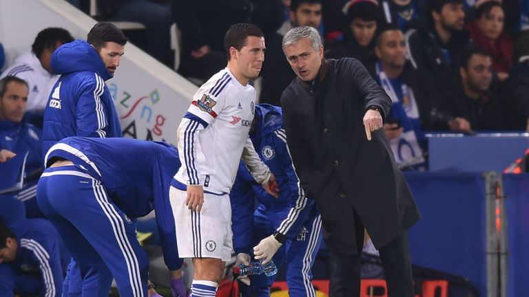 Eden Hazard and Jose Mourinho during the Premier League match between Leicester City and Chelsea at the King Power Stadium on December14, 2015 in Leicester, United Kingdom