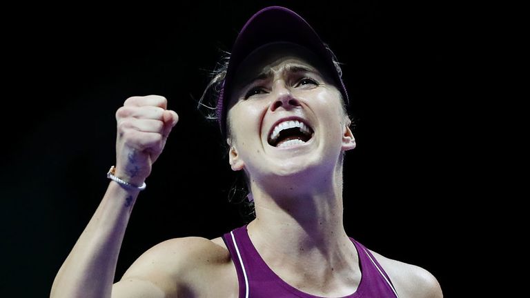 Elina Svitolina of the Ukraine celebrates match point in her singles match against Karolina Pliskova of the Czech Republic during day 3 of the BNP Paribas WTA Finals Singapore presented by SC Global at Singapore Sports Hub on October 23, 2018 in Singapore.