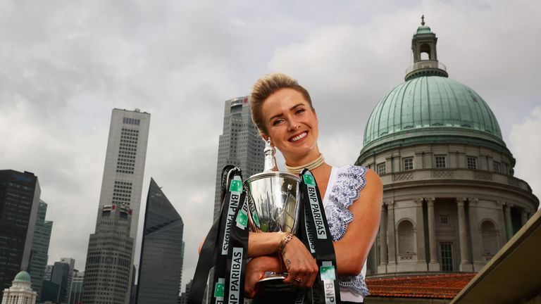 Champion Elina Svitolina of the Ukraine poses with the Billie Jean King trophy after her victory against Sloane Stephens of the United States in the final of the BNP Paribas WTA Finals Singapore presented by SC Global at the National Gallery on October 29, 2018 in Singapore.