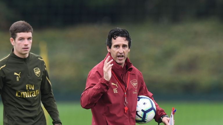 ST ALBANS, ENGLAND - OCTOBER 17: of Arsenal during a training session at London Colney on October 17, 2018 in St Albans, England. (Photo by Stuart MacFarlane/Arsenal FC via Getty Images)