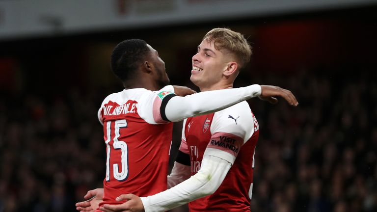 Emile Smith-Rowe of Arsenal celebrates with teammate Ainsley Maitland-Niles of Arsenal after scoring his team&#39;s second goal during the Carabao Cup Fourth Round match between Arsenal and Blackpool at Emirates Stadium on October 31, 2018 in London, England