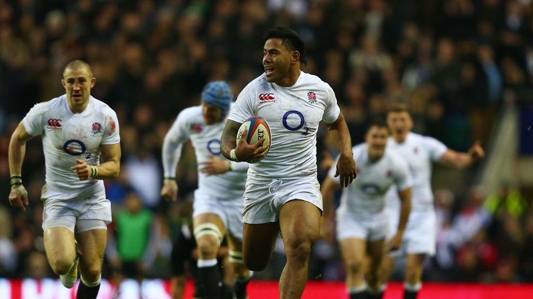 England's Manu Tuilagi races through the New Zealand defence during their clash at Twickenham in 2012