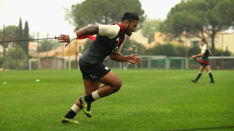 England's Manu Tuilagi in action during a training session in Vilamoura, Portugal.