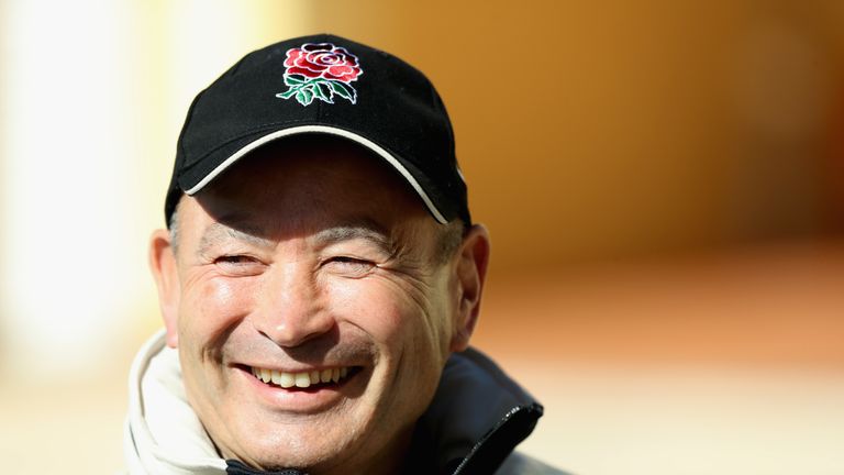 England head coach Eddie Jones is all smiles during a training camp in Vilamoura, Portugal.