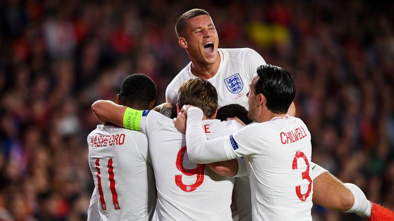 England players celebrate Raheem Sterling's opening goal