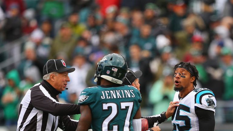 Eric Reid confronts Malcolm Jenkins at Lincoln Financial Field on October 21, 2018 in Philadelphia, Pennsylvania.