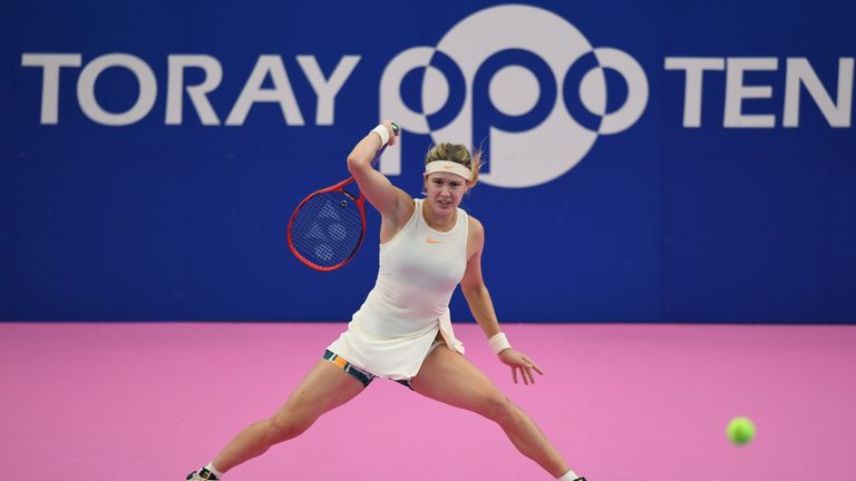 Eugenie Bouchard of Canada plays a forehand against Alison Riske United States during their WomenÕs singles first round match on day two of the Toray Pan Pacific Open at Arena Tachikawa Tachihi on September 18, 2018 in Tachikawa, Tokyo, Japan.