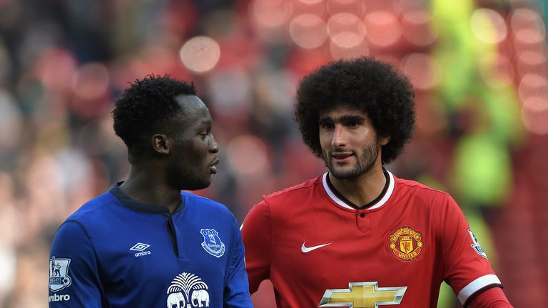 Lukaku and Fellaini during the Barclays Premier League match between Manchester United and Everton at Old Trafford on October 5, 2014 in Manchester, England.
