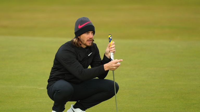 Tommy Fleetwood lines up a putt during his final round three-under 69