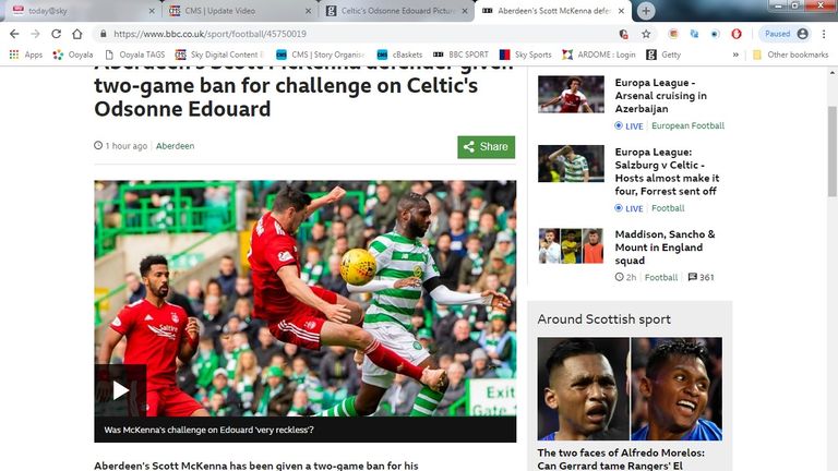 Scott McKenna was given a two-game ban for his challenge on Celtic's Odsonne Edouard