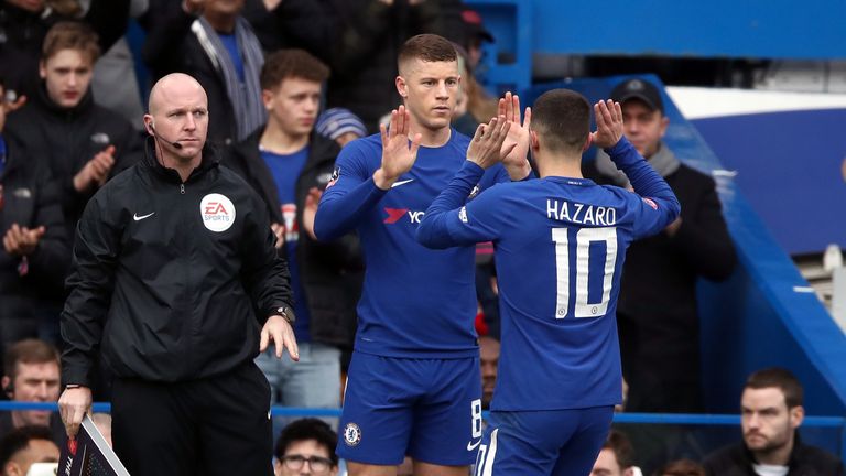Ross Barkley replaces Eden Hazard during an FA Cup game against Newcastle in January 2018