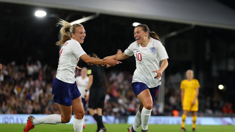 Fran Kirby of England celebrates with Toni Duggan after scoring against Australia