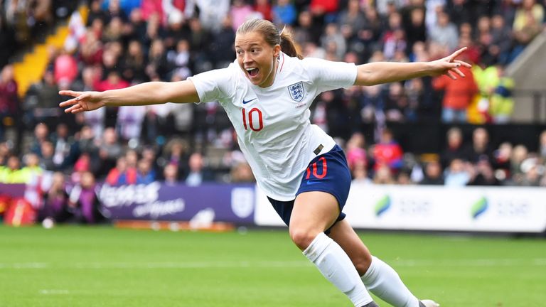 NOTTINGHAM, ENGLAND - OCTOBER 06: Fran Kirby of England celebrates after scoring the first goal of the game during the International Friendly match between England Women and Brazil Women at Meadow Lane on October 6, 2018 in Nottingham, England. (Photo by Nathan Stirk/Getty Images)