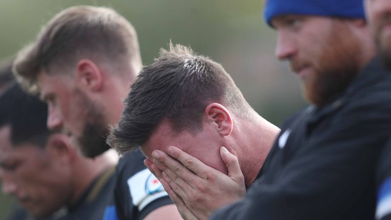 Bath's Freddie Burns holds his face at the end of their loss against Toulouse