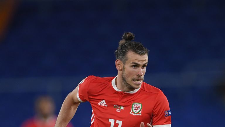 Wales player Gareth Bale in action during the UEFA Nations League B group four match between Wales and Republic of Ireland at Cardiff City Stadium on September 6, 2018 in Cardiff, United Kingdom.  (Photo by Stu Forster/Getty Images)