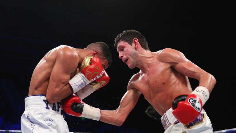  Gavin McDonnell lands a right shot on Gamal Yafai during the WBC International Super-Bantamweight Championship fight at Sheffield Arena on March 3, 