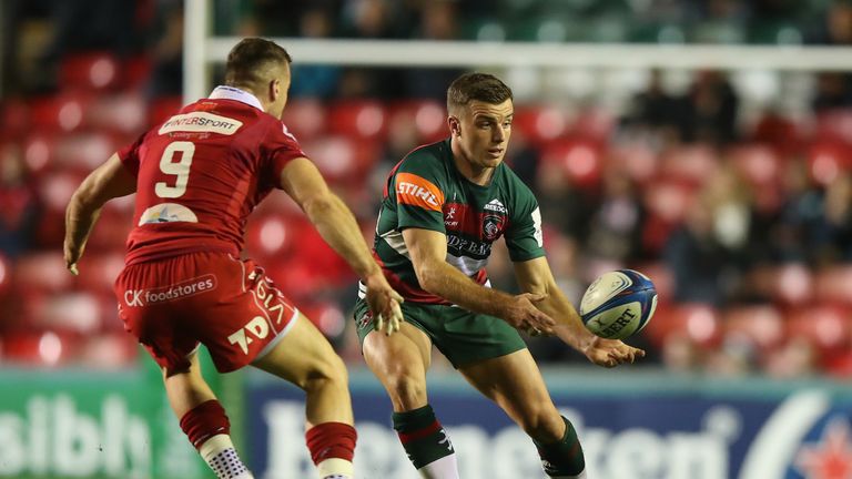 George Ford of Leicester Tigers passes the ball during the Champions Cup match between Leicester Tigers and Scarlets at Welford Road Stadium on October 19, 2018 in Leicester, United Kingdom. 