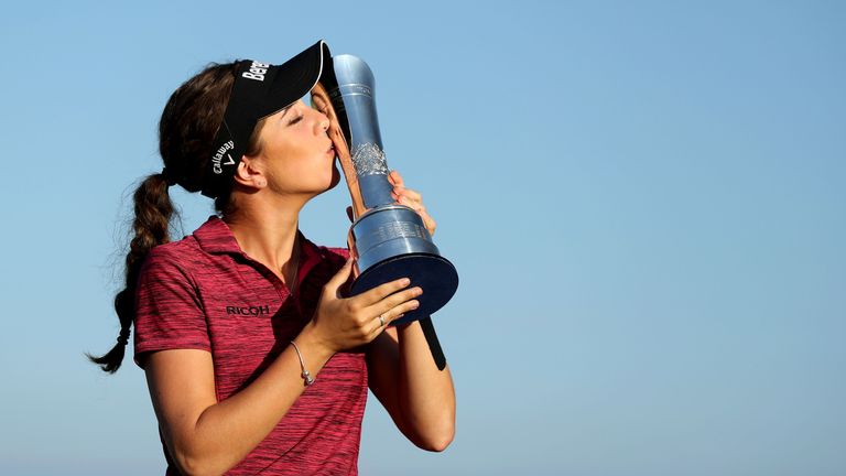 Georgia Hall celebrates her first major at the British Womens Open  at  Lythan St Annes