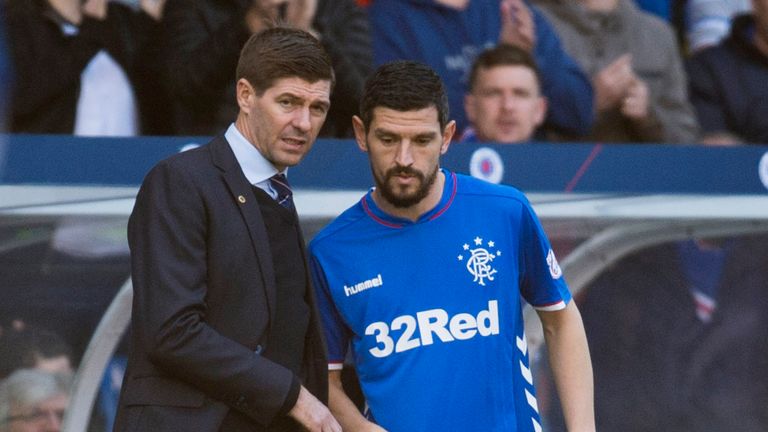 Rangers manager Steven Gerrard speaks to Graham Dorrans 