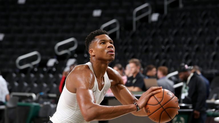 Giannis Antetokounmpo of the Milwaukee Bucks warms up before the game against the Philadelphia 76ers on October 24, 2018 