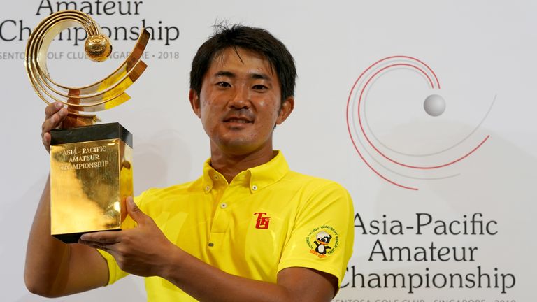 Takumi Kanaya celebrates his victory at the Asia-Pacific Amateur Championship