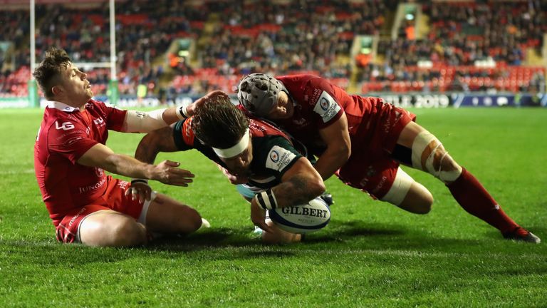 during the Champions Cup match between Leicester Tigers and Scarlets at Welford Road Stadium on October 19, 2018 in Leicester, United Kingdom.