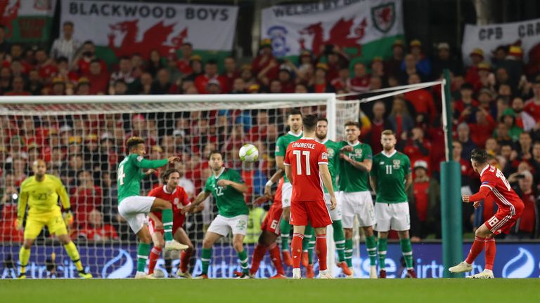Harry Wilson scores a free kick for Wales