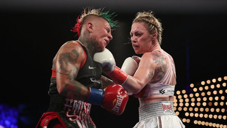 Heather Hardy Shelly Vincent during their WBO women's featherweight title fight at Madison Square Garden on October 27, 2018 in New York City.