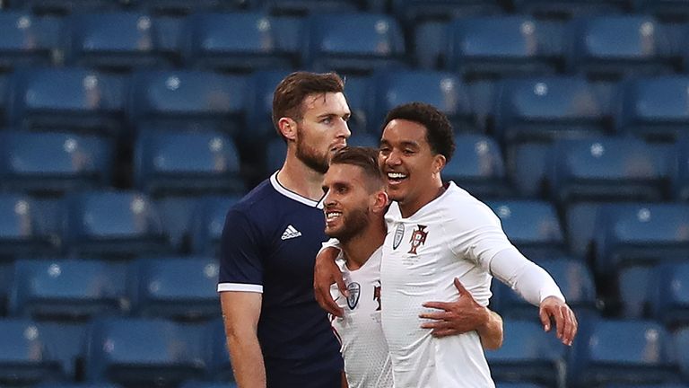 Helder Costa of Portugal celebrates after he scores the opening goal during the International Friendly match between Scotland and Portugal on October 14, 2018 in Glasgow, United Kingdom. (Photo by Ian MacNicol/Getty Images)