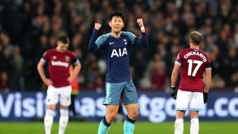 Heung-Min Son of Tottenham Hotspur celebrates after scoring his team's first goal during the Carabao Cup Fourth Round match between West Ham United and Tottenham Hotspur at London Stadium on October 31, 2018 in London, England