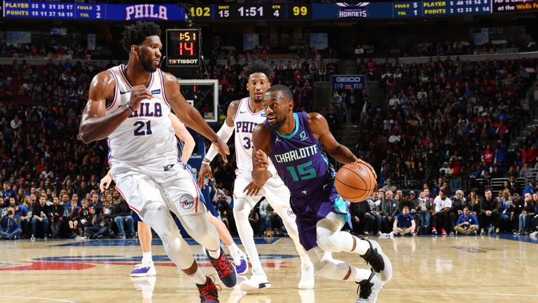PHILADELPHIA, PA - OCTOBER 27:  Kemba Walker #15 of the Charlotte Hornets handles the ball against Joel Embiid #21 of the Philadelphia 76ers on October 27, 2018 in Philadelphia, Pennsylvania NOTE TO USER: User expressly acknowledges and agrees that, by downloading and/or using this Photograph, user is consenting to the terms and conditions of the Getty Images License Agreement. Mandatory Copyright Notice: Copyright 2018 NBAE (Photo by Jesse D. Garrabrant/NBAE via Getty Images)