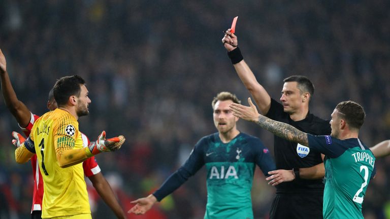 Hugo Lloris was shown a red card for Tottenham against PSV
