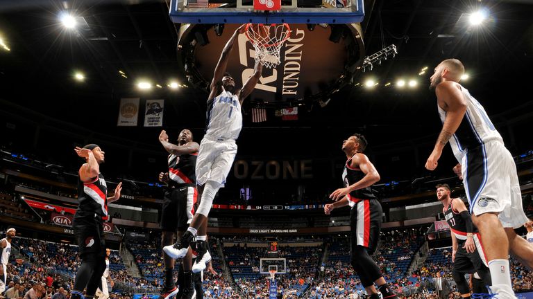 Jonathan Isaac #1 of the Orlando Magic dunks the ball against the Portland Trail Blazers on October 25, 2018 at Amway Center in Orlando, Florida. NOTE TO USER: User expressly acknowledges and agrees that, by downloading and/or using this photograph, user is consenting to the terms and conditions of the Getty Images License Agreement. 