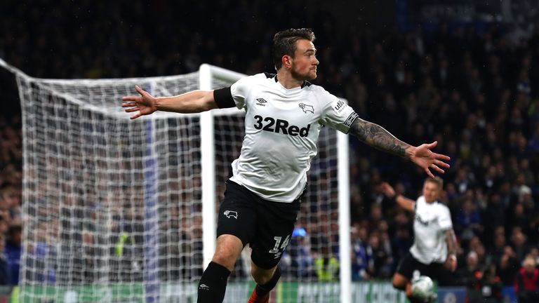 Jack Marriott of Derby County celebrates after scoring his team's first goal during the Carabao Cup Fourth Round match between Chelsea and Derby County at Stamford Bridge on October 31, 2018 in London, England