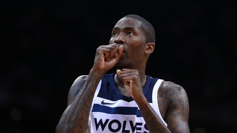 Jamal Crawford of the Minnesota Timberwolves looks on during the game against the Golden State Warriors as part of the 2017 NBA Global Games China at Universidade Center on October 5, 2017 in Shenzhen, China.