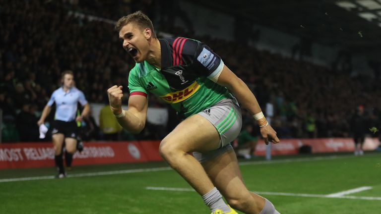 Lang celebrates scoring for Harlequins against Northampton Saints