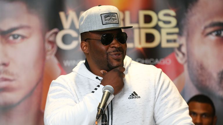 August 8, 2018; Chicago, IL, USA; Jarrell Miller speaks at the press conference announcing his upcoming heavyweight bout against Tomasz Adamek.  The two will meet on the October 6, 2018 Matchroom Boxing USA card at the Wintrust Arena in Chicago, IL.   Mandatory Credit: Ed Mulholland/Matchroom Boxing USA                 