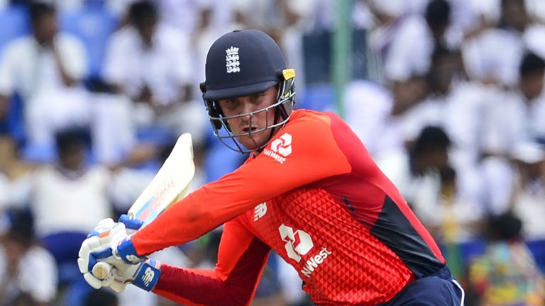 England cricketer Jason Roy plays a shot during the fourth one day international (ODI) cricket match between Sri Lanka and England at the Pallekele International Cricket Stadium in Kandy on October 20, 2018.
