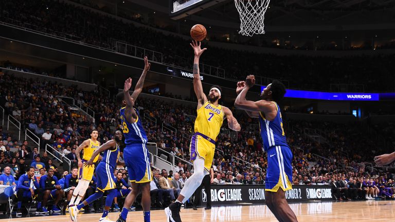 JaVale McGee #7 of the Los Angeles Lakers shoots the ball against the Golden State Warriors on October 12, 2018 at SAP Center in San Jose, California.
